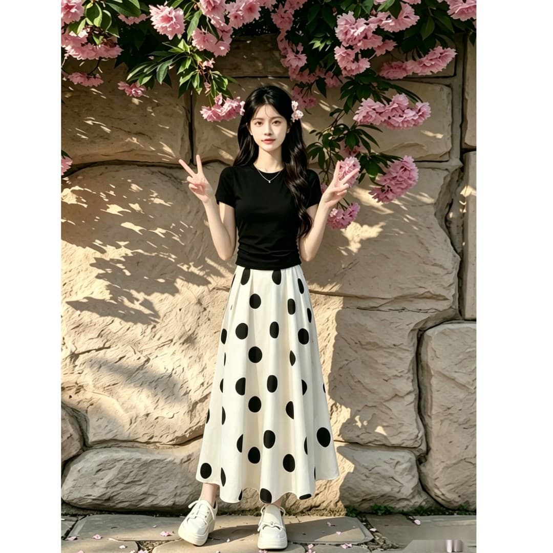 작은 여름 켜기 새로운 천 금빛 바람 세트 여성 레저 몸매 가꾸기 맨위 코디 도트 무늬 우아함 반신 스커트 투피스 세트 이미지 4