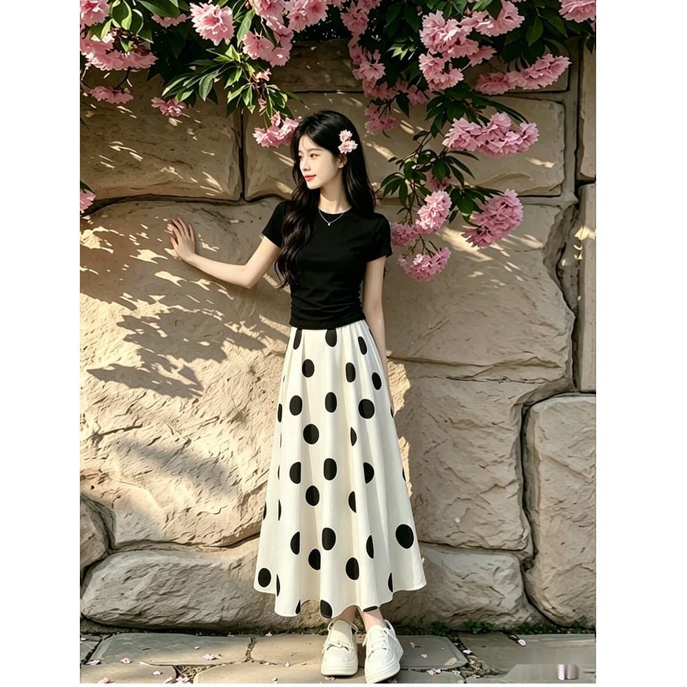 작은 여름 켜기 새로운 천 금빛 바람 세트 여성 레저 몸매 가꾸기 맨위 코디 도트 무늬 우아함 반신 스커트 투피스 세트 상세 이미지 2