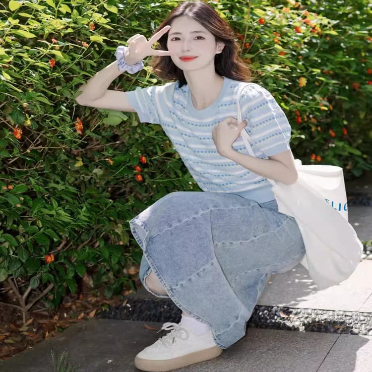 여름 한 부서 세트 여성 작은 청신 파란색 스트라이프 반팔 티셔츠 하이웨이스트 슬림해 보이는 데님 반신 스커트 투피스 세트 이미지 4
