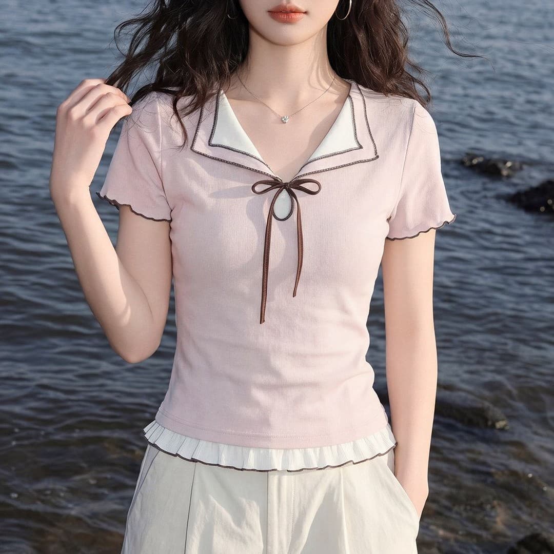 핑크색 달콤함 V넥 배색 반팔 티셔츠 여성 여름 품격 작은 대중 긍정적 인 어깨 몸매 가꾸기 페이크 레이어드 맨위 상세 이미지 5