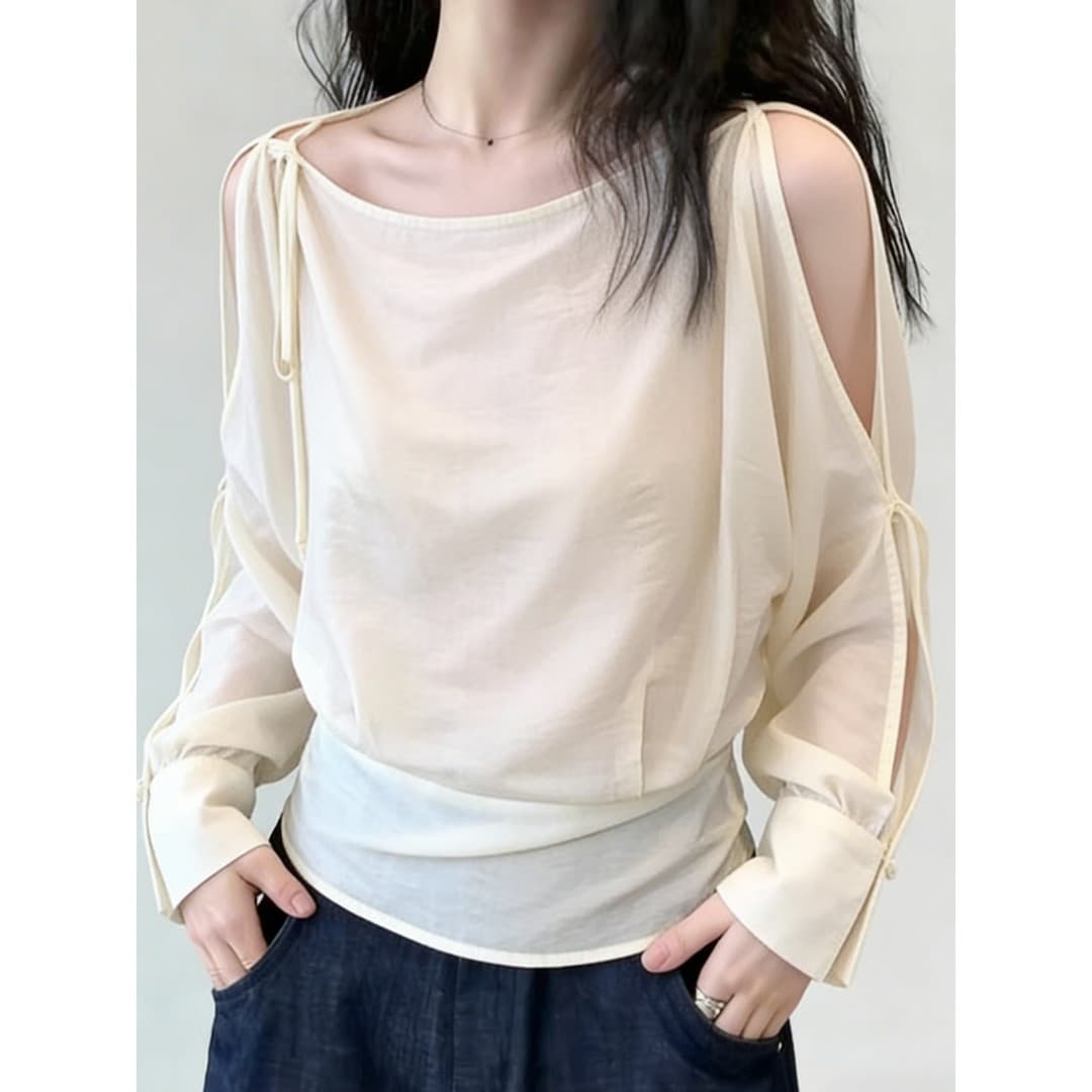 화이트 느슨함 센스 오프숄더 셔츠 봄 섹션 루즈핏 자르기 디스플레이 무료 ~을 통해 실 질감 팀 분위기 센스 싱글 제품