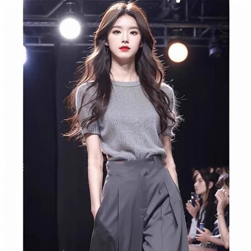 한 부서 착용 가져 가라. 전체 집합 여성 의류 새로운 회색 반팔 니트 스웨터 코디 웨스트 와이드 다리 캐주얼 바지 투피스 세트 상세 이미지 5