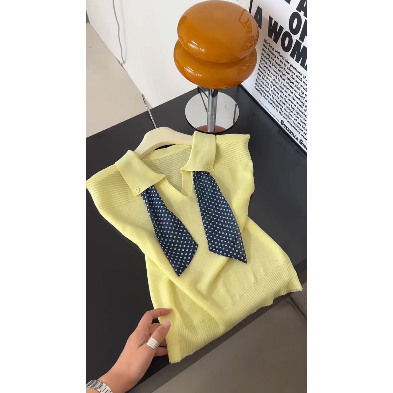 여름 ootd 착용 가져 가라. 패션 스카프 폴로 칼라 작은 날다 소매 티셔츠 여성 여름 얇은 스타일 빛 럭셔리 고급 센스 품격 맨위 이미지 5