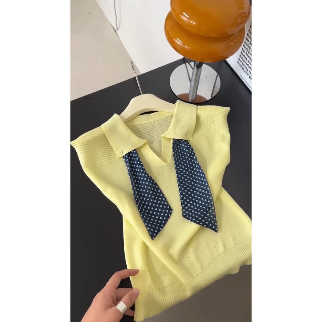 여름 ootd 착용 가져 가라. 패션 스카프 폴로 칼라 작은 날다 소매 티셔츠 여성 여름 얇은 스타일 빛 럭셔리 고급 센스 품격 맨위 상세 이미지 2