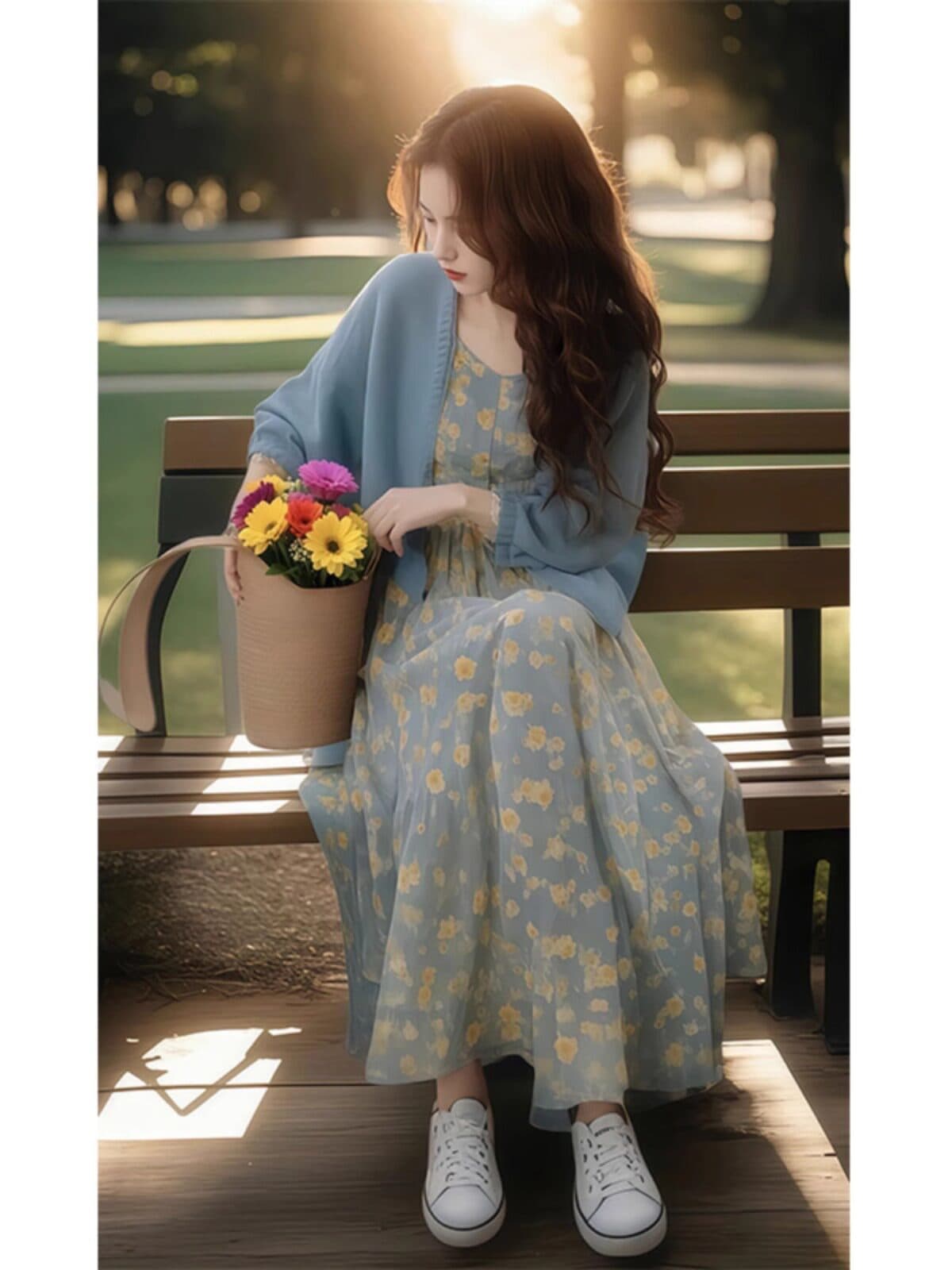 열린 봄 한 부서 착용 가져 가라. 전체 집합 품격 부드러운 바람 오픈 가디건 맨위 꽃무늬 슬립 드레스 패션 투피스 세트 이미지 2