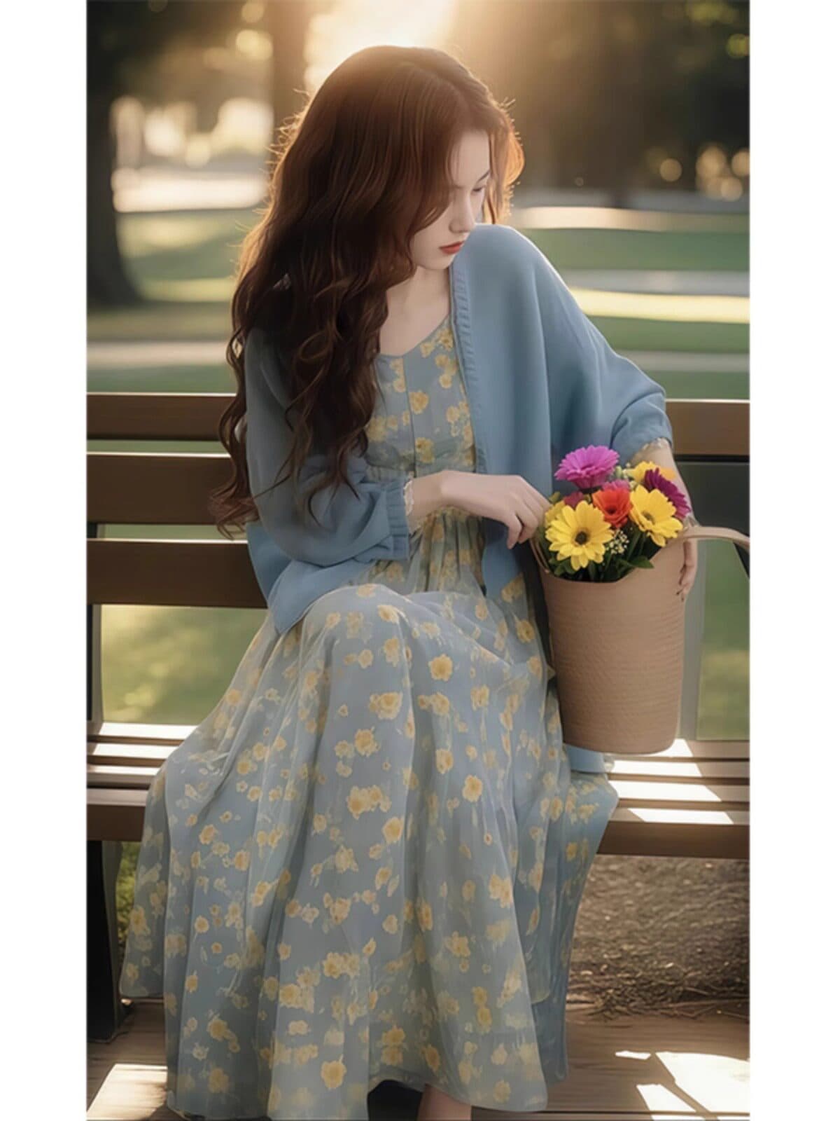 열린 봄 한 부서 착용 가져 가라. 전체 집합 품격 부드러운 바람 오픈 가디건 맨위 꽃무늬 슬립 드레스 패션 투피스 세트 이미지 4