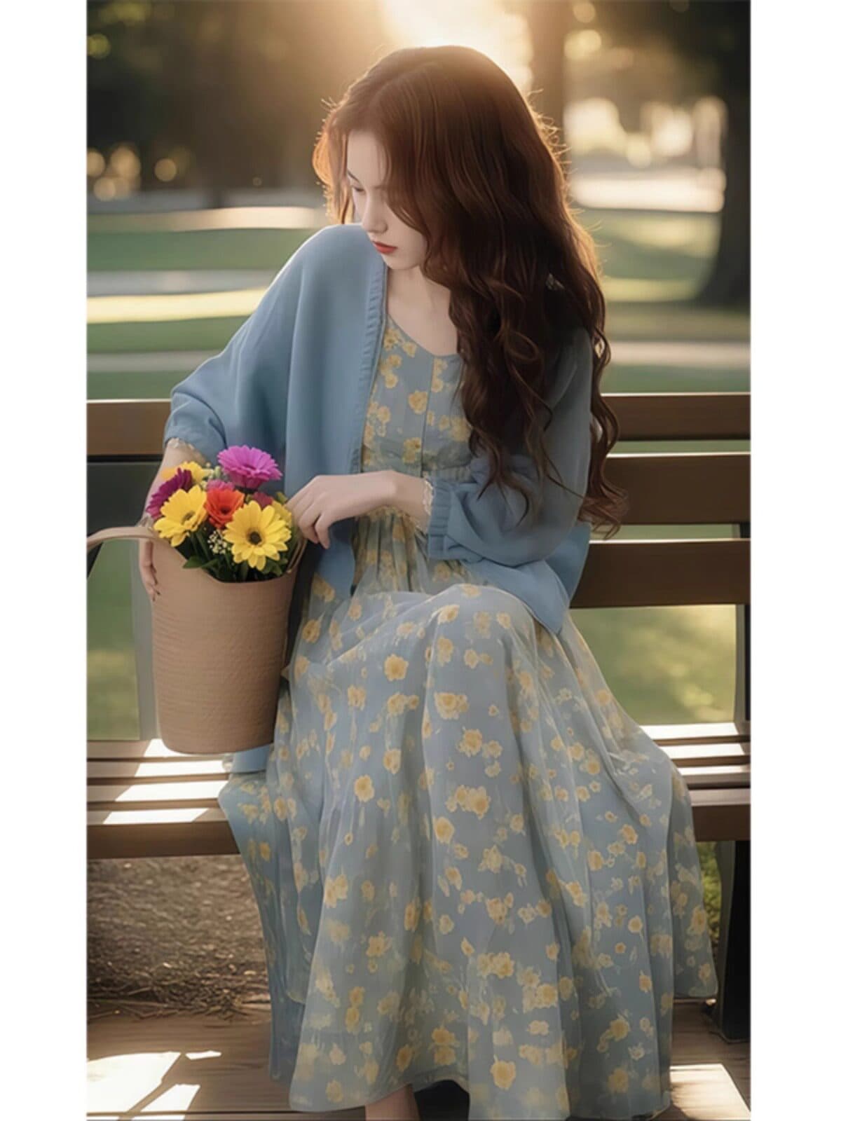열린 봄 한 부서 착용 가져 가라. 전체 집합 품격 부드러운 바람 오픈 가디건 맨위 꽃무늬 슬립 드레스 패션 투피스 세트 상세 이미지 4