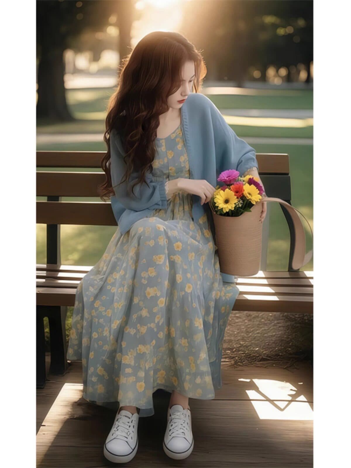 열린 봄 한 부서 착용 가져 가라. 전체 집합 품격 부드러운 바람 오픈 가디건 맨위 꽃무늬 슬립 드레스 패션 투피스 세트 상세 이미지 5