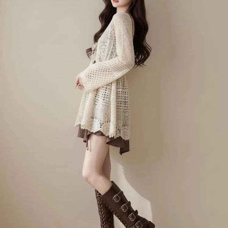 대 사이즈 여름 디자인 센스 세트 여성 연령 감소 홀로우 아웃 블라우스 코디 작은 대중 데님 슬립 두 조각 스타일 드레스 상세 이미지 6