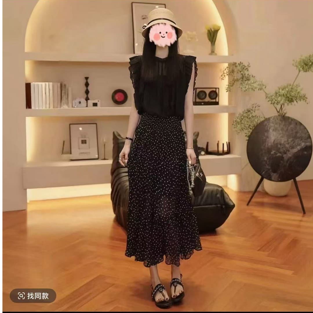 여름 새로운 패션 Feifei 소매 맨위 경기 하이웨이스트 도트 무늬 반신 스커트 연령 감소 슬림해 보이는 세트 이미지 4
