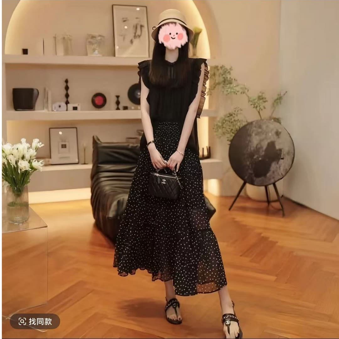 여름 새로운 패션 Feifei 소매 맨위 경기 하이웨이스트 도트 무늬 반신 스커트 연령 감소 슬림해 보이는 세트 이미지 2