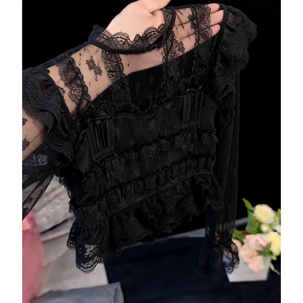 새로운 중식 국풍 단추 스탠드 칼라 레이스 셔츠 여성 봄 긴팔 품격 마이크로 ~을 통해 셔츠 고급 센스 망사 맨위 이미지 3