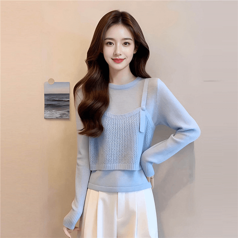 프랑스식 품격 부드러운 바람 연령 감소 페이크 레이어드 니트 스웨터 2026 노인 소매 짠 셔츠 페이크 레이어드 맨위 조류 소녀 이미지 5