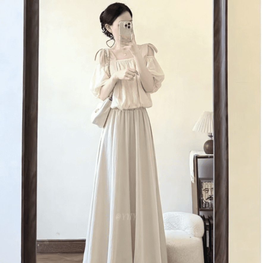 여름 도파민 세트 여성 연령 감소 거품 소매 쇼트 스타일 티셔츠 코디 슬림해 보이는 넓은 다리 치마바지 투피스 세트 상세 이미지 4