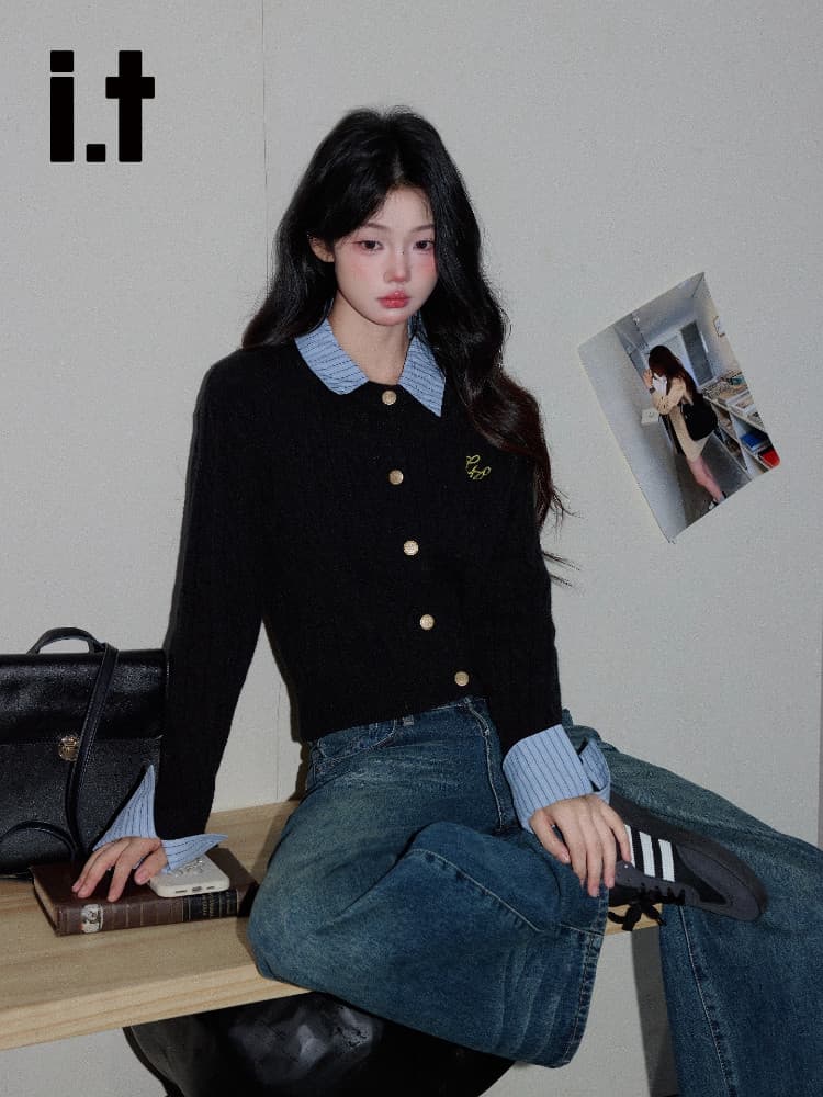 2026 년 새로운 고유 한 스트라이프 패치워크 POLO 칼라 맨위 여성 아메리칸 검정색 페이크 레이어드 니트 재킷