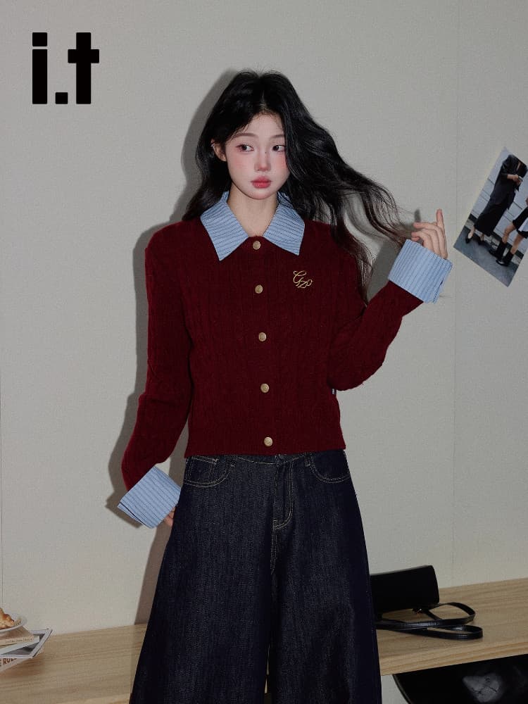 2026 년 새로운 고유 한 스트라이프 패치워크 POLO 칼라 맨위 여성 아메리칸 검정색 페이크 레이어드 니트 재킷 상세 이미지 4