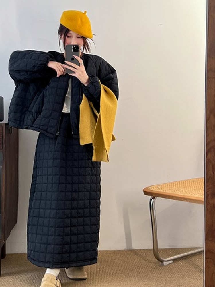 가을 겨울철 한 부서 착용 가져 가라. 세트 여성 고급 센스 루즈핏 두꺼운 솜을 넣은 의류 카디건 코트 반신 스커트 투피스 세트 상세 이미지 5