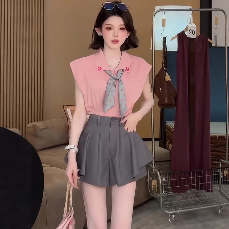 여름 한 부서 세트 여성 품격 작은 샤넬 스타일 스카프 넥타이 민소매 맨위 가져 가라. 레트로 슬림해 보이는 반바지 투피스 세트 상세 이미지 1