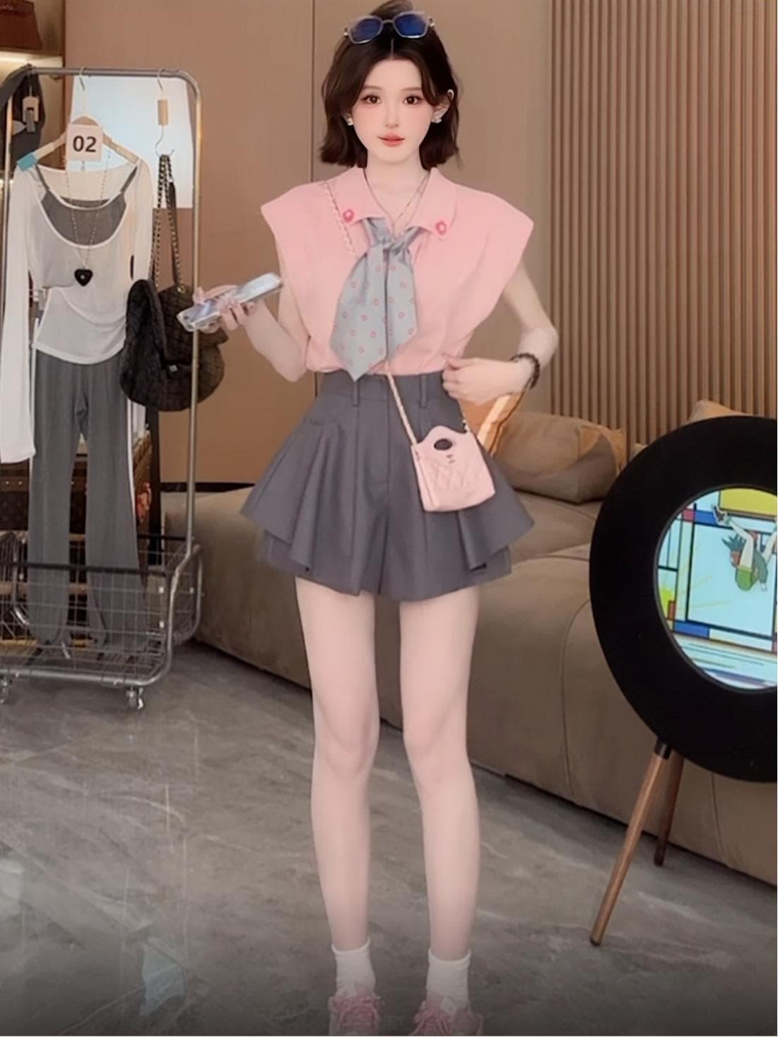 여름 한 부서 세트 여성 품격 작은 샤넬 스타일 스카프 넥타이 민소매 맨위 가져 가라. 레트로 슬림해 보이는 반바지 투피스 세트 상세 이미지 5