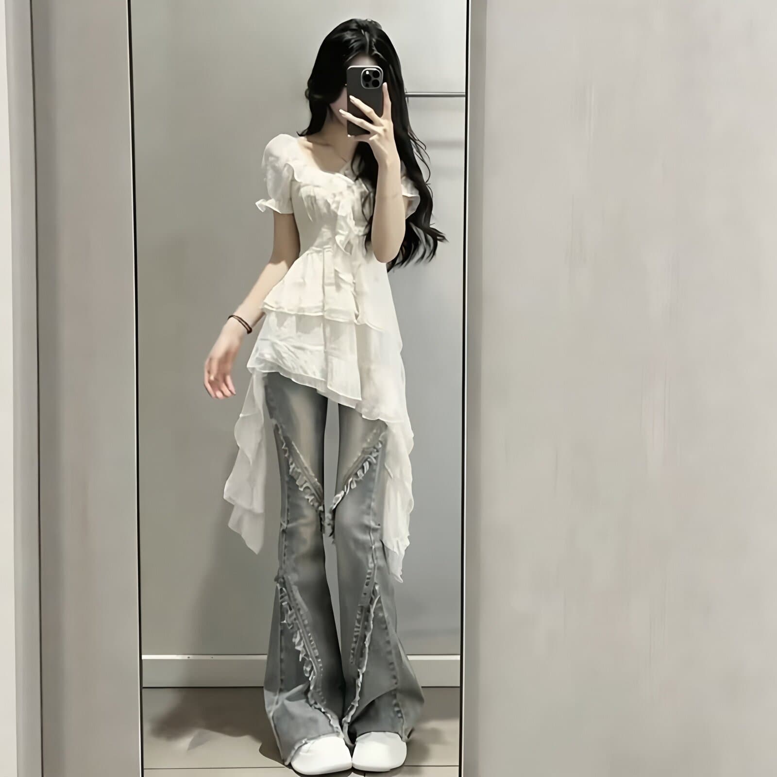 프랑스식 화이트 거품 소매 프릴 광장 칼라 드레스 여성 의류 여름 새로운 몸매 가꾸기 디스플레이 불규칙 치마 얇은 상세 이미지 2