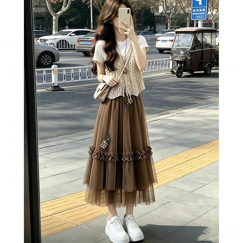 프랑스식 느긋한 바람 패션 외국 가스 세트 여성 여름 홀로우 아웃 블라우스 미니멀리즘 티셔츠 코디 반신 스커트 3종 세트 이미지 3