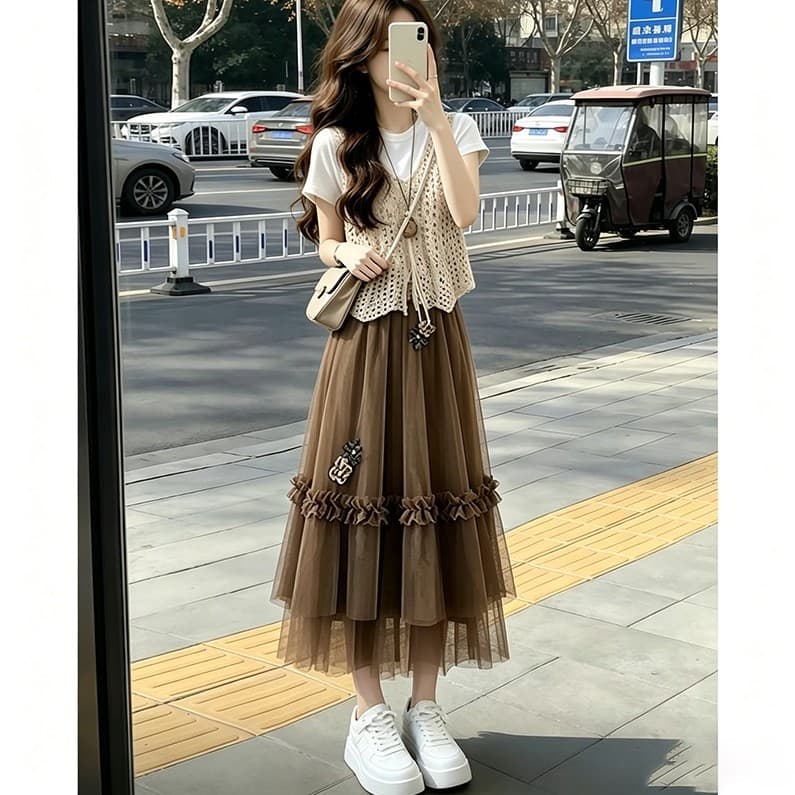 프랑스식 느긋한 바람 패션 외국 가스 세트 여성 여름 홀로우 아웃 블라우스 미니멀리즘 티셔츠 코디 반신 스커트 3종 세트 상세 이미지 2