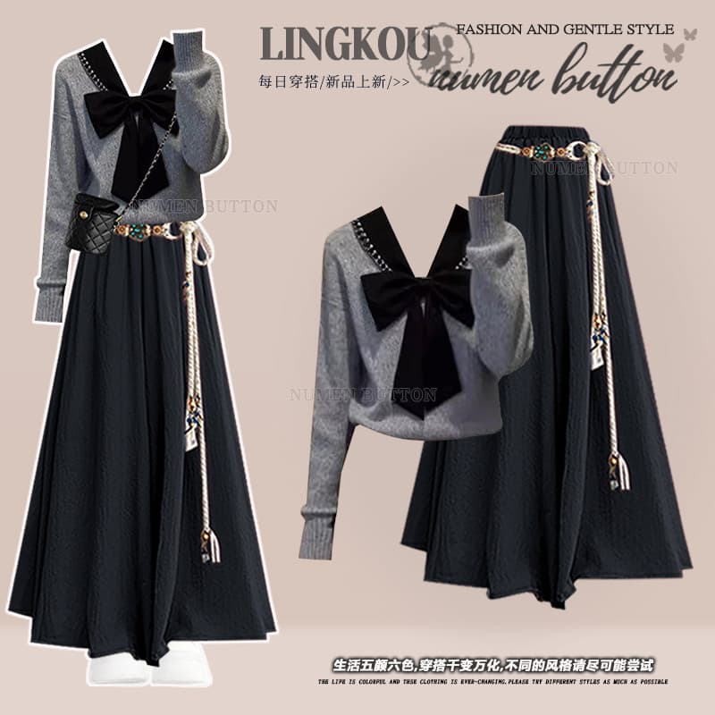빅 사이즈 가을 부드러운 바람 세트 여성 느긋한 연령 감소 나비 매듭 니트 맨위 슬림해 보이는 캐주얼 치마바지 투피스 세트 상세 이미지 3