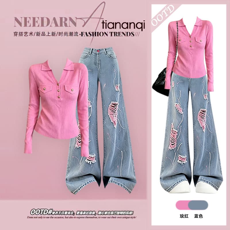가을 달콤한 스타일 세트 여성 고급 센스 품격 다용도 니트 스웨터 맨위 코디 슬림해 보이는 청바지 투피스 세트 상세 이미지 1