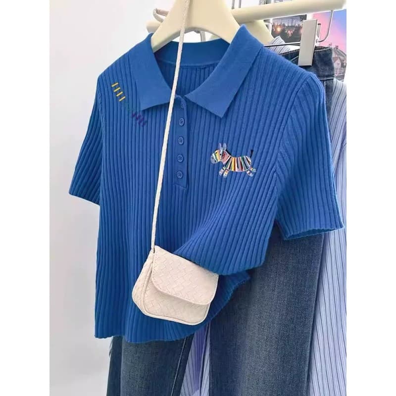 파란색 무지개 작은 말 긍정적 인 어깨 반팔 티셔츠 여성 여름 2026 새로운 품격 패션 POLO 칼라 니트 스웨터 맨위 이미지 5