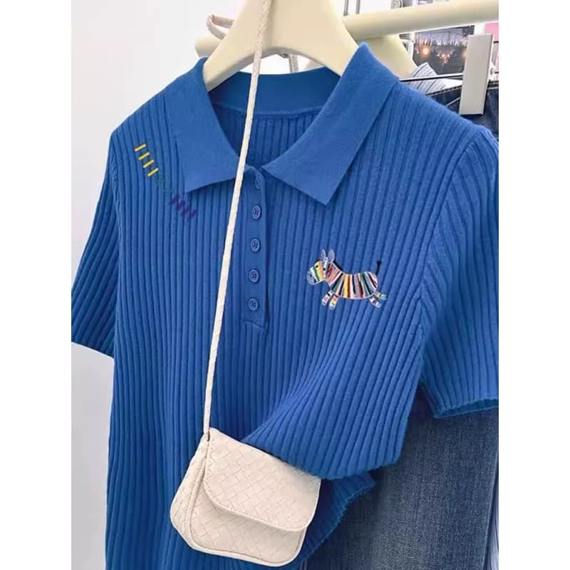 파란색 무지개 작은 말 긍정적 인 어깨 반팔 티셔츠 여성 여름 2026 새로운 품격 패션 POLO 칼라 니트 스웨터 맨위 이미지 2