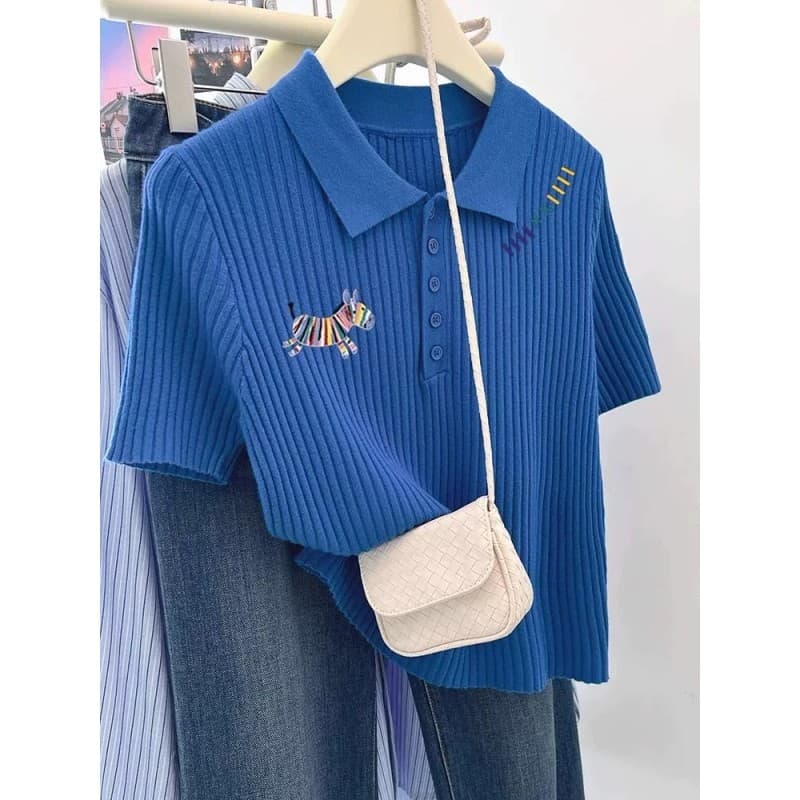 파란색 무지개 작은 말 긍정적 인 어깨 반팔 티셔츠 여성 여름 2026 새로운 품격 패션 POLO 칼라 니트 스웨터 맨위