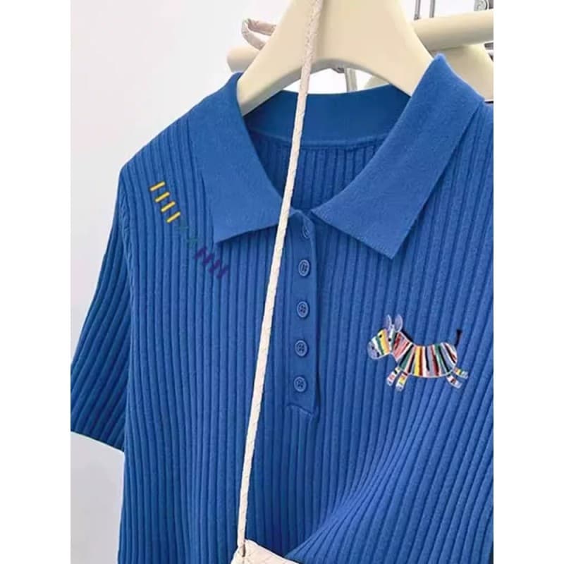 파란색 무지개 작은 말 긍정적 인 어깨 반팔 티셔츠 여성 여름 2026 새로운 품격 패션 POLO 칼라 니트 스웨터 맨위 이미지 3