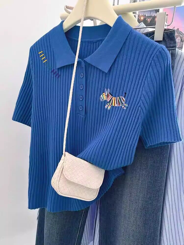 파란색 무지개 작은 말 긍정적 인 어깨 반팔 티셔츠 여성 여름 2026 새로운 품격 패션 POLO 칼라 니트 스웨터 맨위 상세 이미지 6
