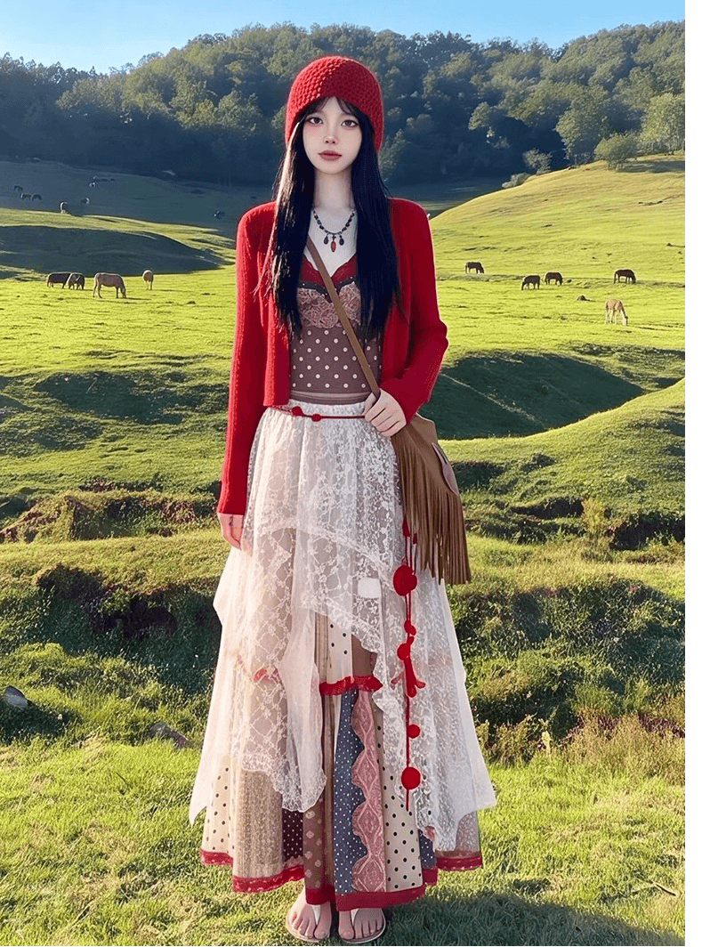 이른 가을 신강 여행 세트 여성 품격 긴팔 오픈 가디건 코디 슬립 드레스 레이스 반신 스커트 3종 세트 이미지 4