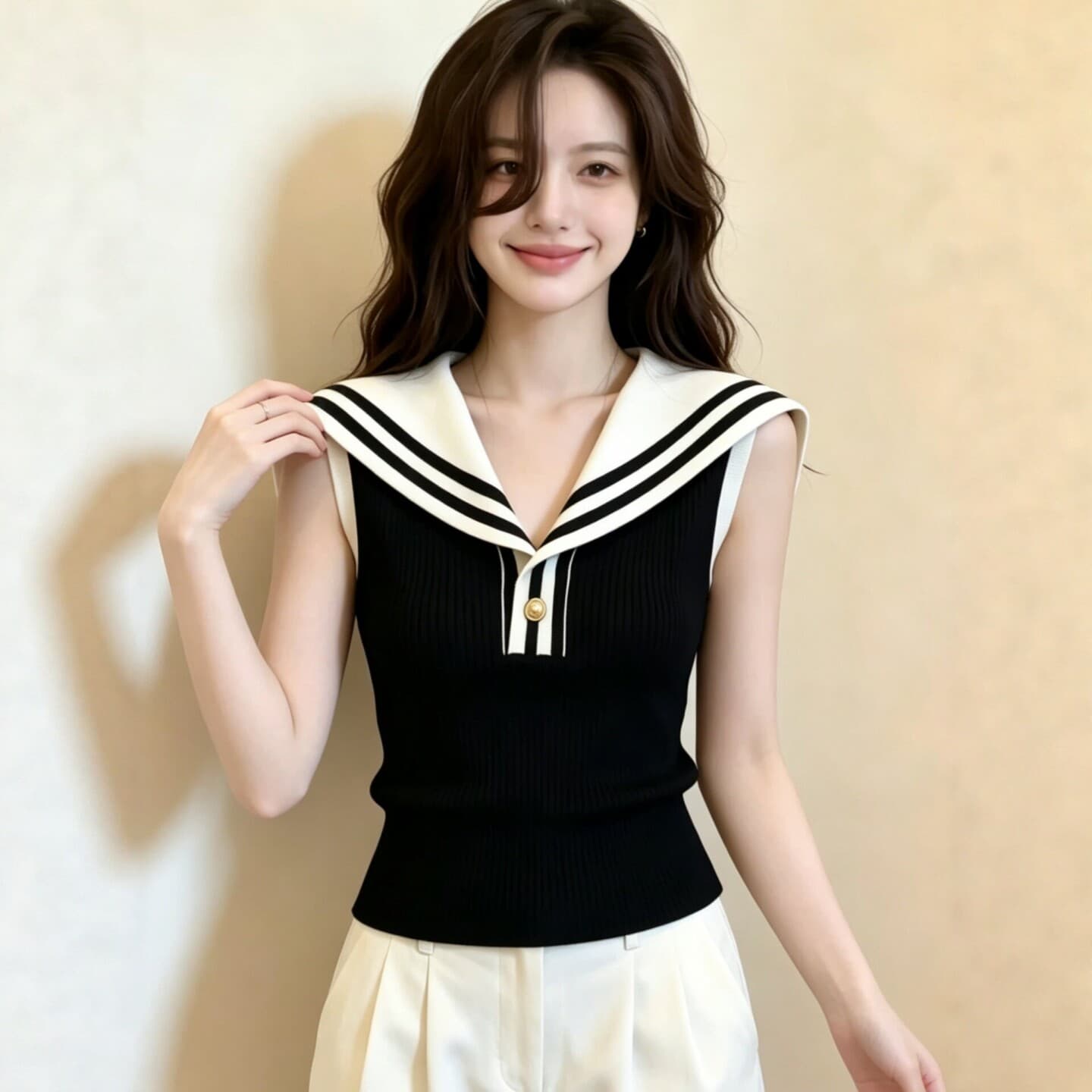 해군 칼라 배색 니트 민소매 조끼 여성 여름 2026 새로운 빅 사이즈 지방 mm 고유 한 아름다운 몸매 가꾸기 맨위