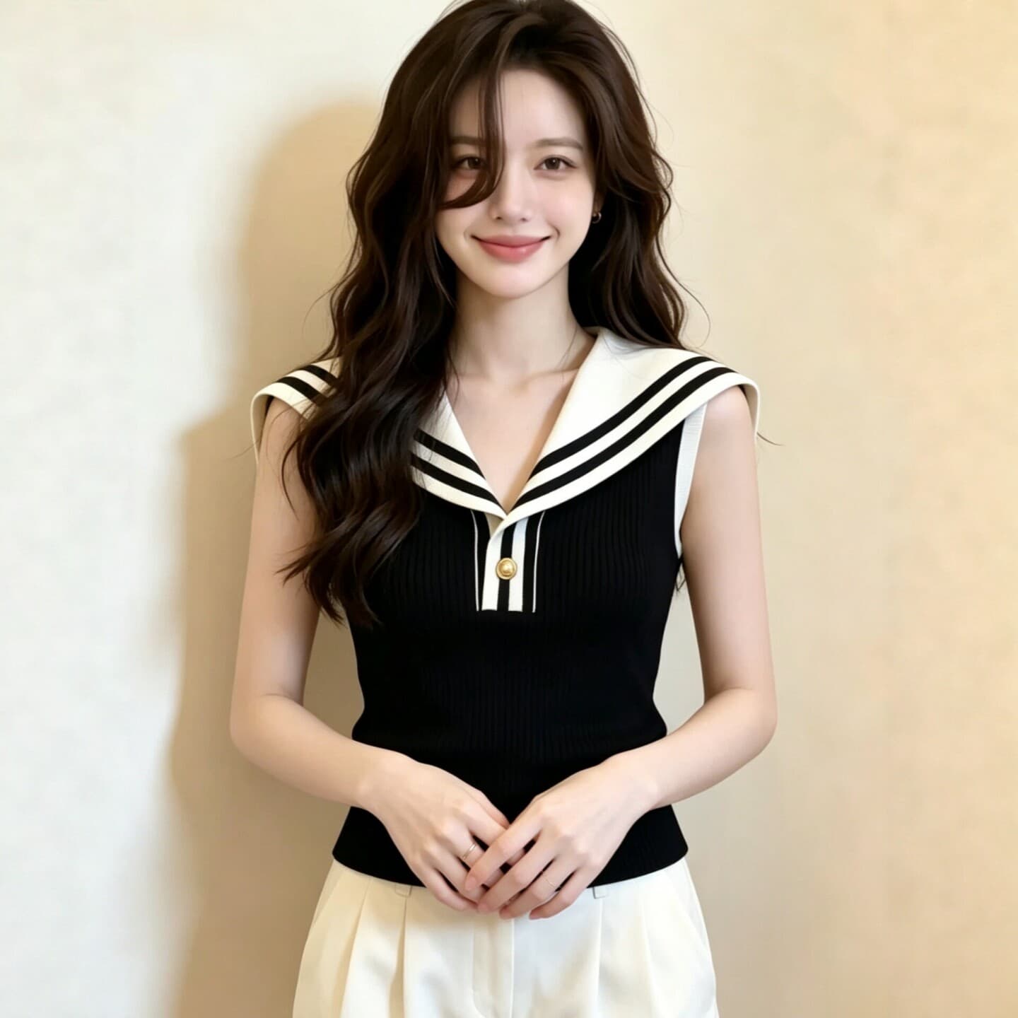 해군 칼라 배색 니트 민소매 조끼 여성 여름 2026 새로운 빅 사이즈 지방 mm 고유 한 아름다운 몸매 가꾸기 맨위 이미지 4
