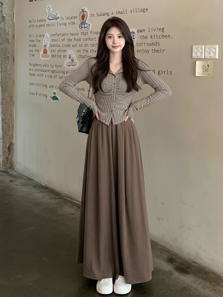 자이언트 잘 생긴 ~ 중 이른 가을 빛 사람들 코치 착용 가져 가라. 전체 집합 2026 슈퍼 화재 슬림해 보이는 아름다움 라드. 니트 스웨터 치마바지 상세 이미지 2