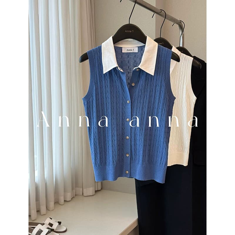 여름 새로운 오래된 돈 바람 민소매 POLO 칼라 니트 조끼 여성 레저 다용도 느슨함 센스 티셔츠 작은 셔츠 맨위 이미지 5