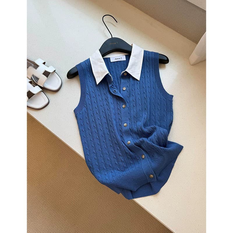 여름 새로운 오래된 돈 바람 민소매 POLO 칼라 니트 조끼 여성 레저 다용도 느슨함 센스 티셔츠 작은 셔츠 맨위 이미지 2