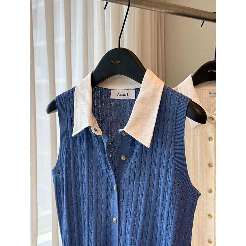 여름 새로운 오래된 돈 바람 민소매 POLO 칼라 니트 조끼 여성 레저 다용도 느슨함 센스 티셔츠 작은 셔츠 맨위 상세 이미지 2
