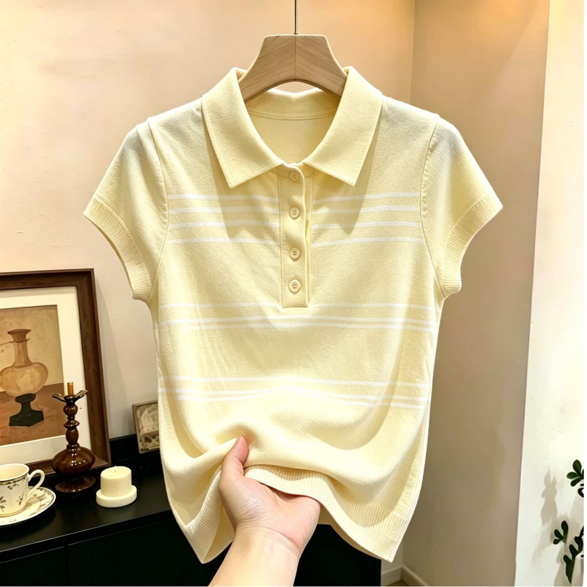 패션 한 부서 도파민 부드러운 황색 POLO 칼라 반팔 맨위 여성 여름 다용도 캐주얼 바람 빅 사이즈 여성 의류 상세 이미지 1