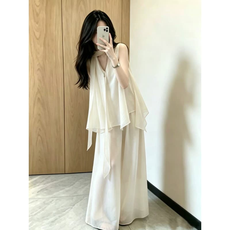 한 부서 자이언트 잘 생긴 ootd 착용 가져 가라. 2026 새로운 주황색 조끼 ins 바람 맨위 여성 여름 와이드 레그 팬츠 세트 이미지 2