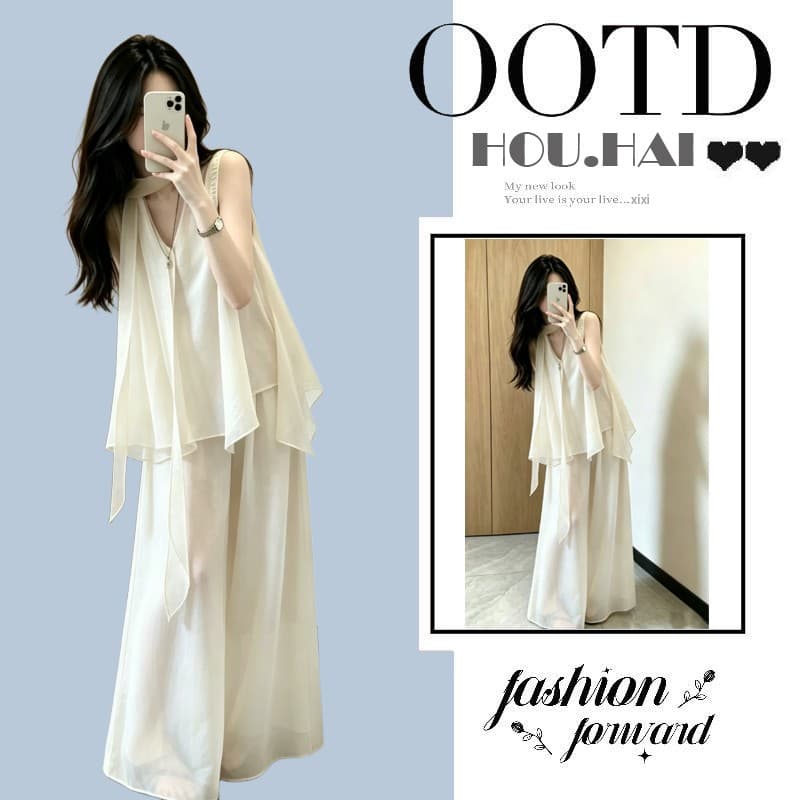 한 부서 자이언트 잘 생긴 ootd 착용 가져 가라. 2026 새로운 주황색 조끼 ins 바람 맨위 여성 여름 와이드 레그 팬츠 세트