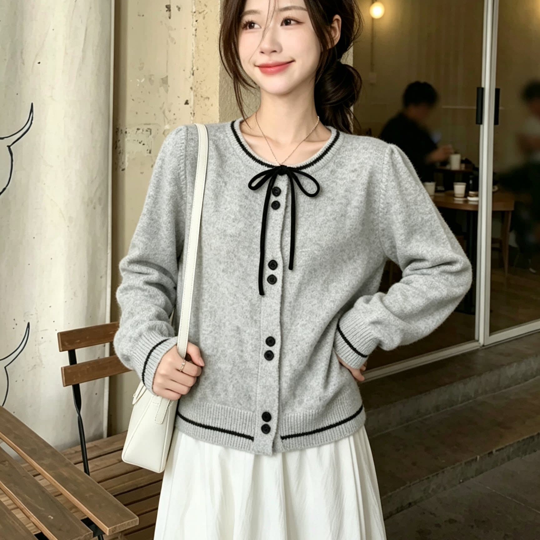 작은 샤넬 스타일 레이스업 나비 매듭 니트 오픈 가디건 여성 가을 겨울철 2026 새로운 부드러운 바람 고급 센스 부드러운 찹쌀 스웨터 상세 이미지 1
