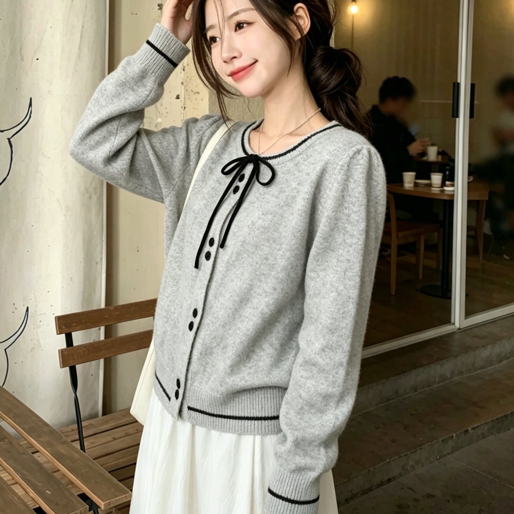 작은 샤넬 스타일 레이스업 나비 매듭 니트 오픈 가디건 여성 가을 겨울철 2026 새로운 부드러운 바람 고급 센스 부드러운 찹쌀 스웨터 상세 이미지 2