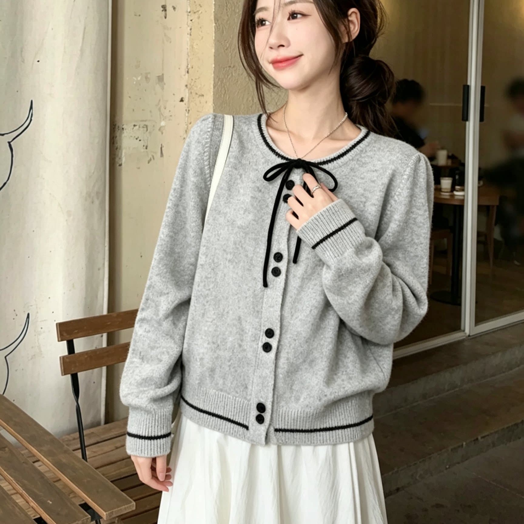 작은 샤넬 스타일 레이스업 나비 매듭 니트 오픈 가디건 여성 가을 겨울철 2026 새로운 부드러운 바람 고급 센스 부드러운 찹쌀 스웨터 상세 이미지 3