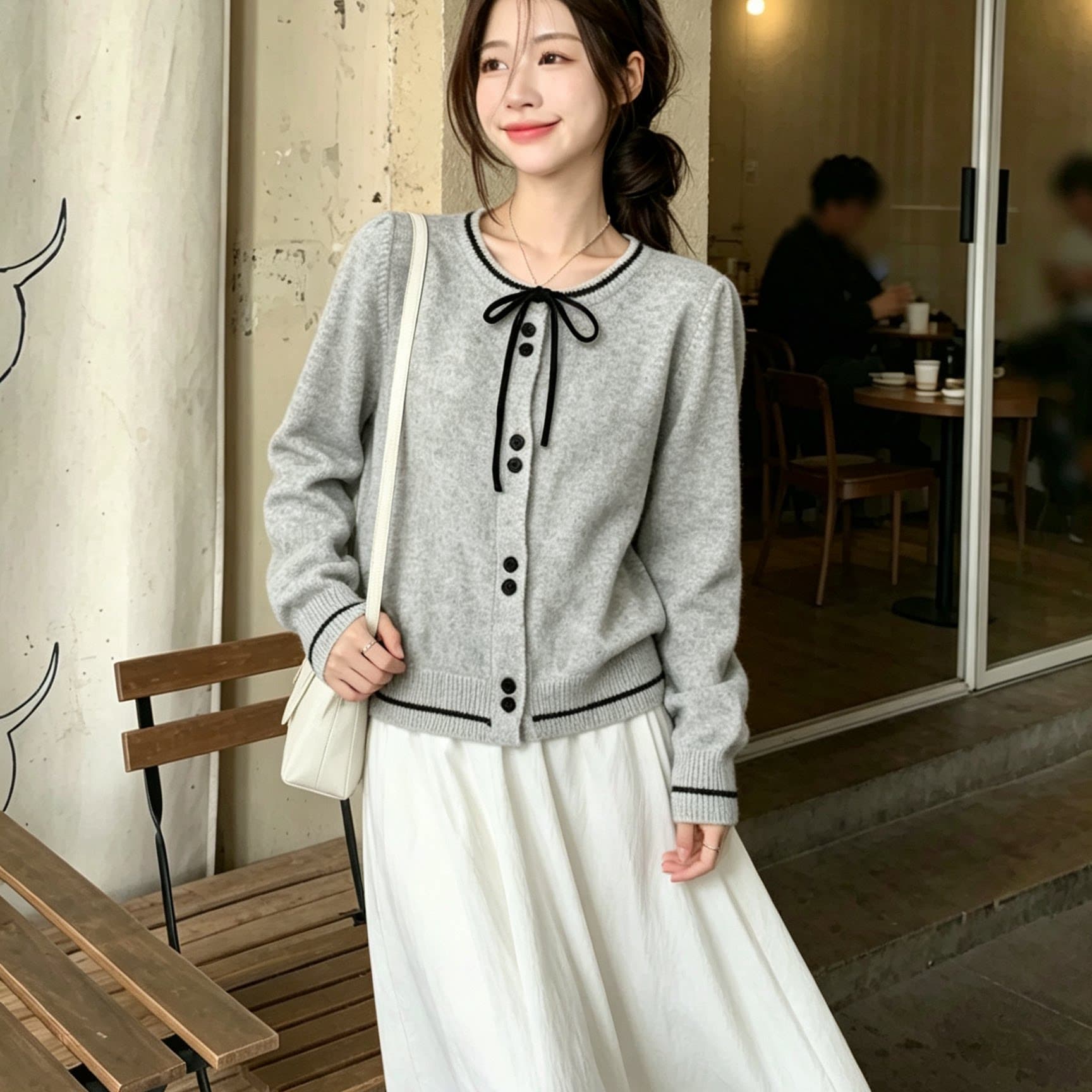 작은 샤넬 스타일 레이스업 나비 매듭 니트 오픈 가디건 여성 가을 겨울철 2026 새로운 부드러운 바람 고급 센스 부드러운 찹쌀 스웨터 상세 이미지 4
