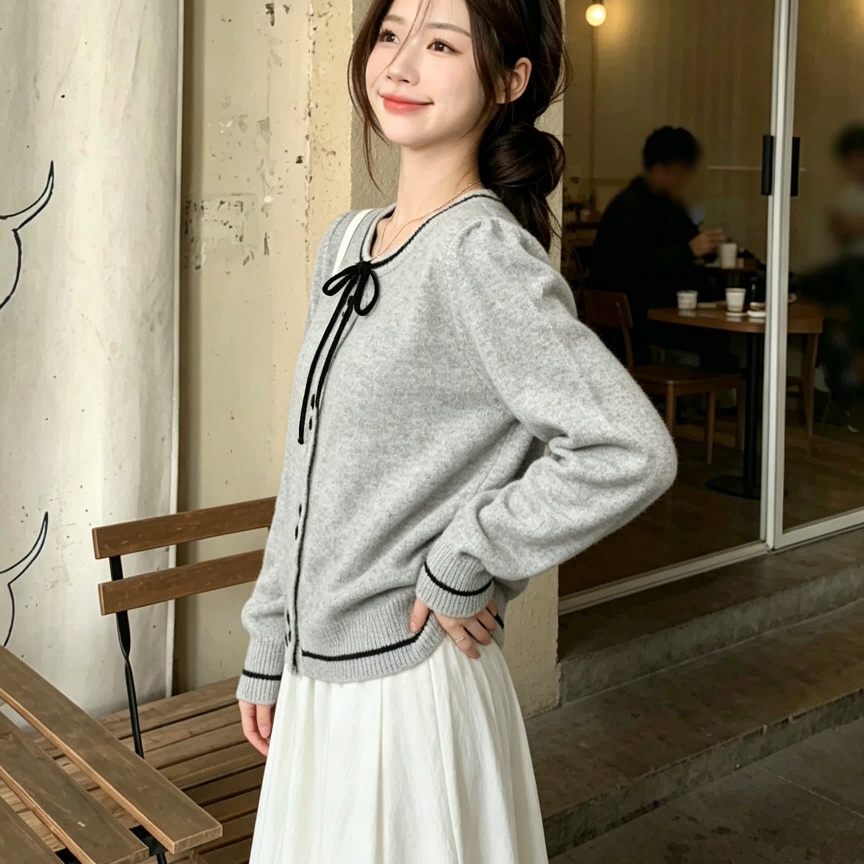 작은 샤넬 스타일 레이스업 나비 매듭 니트 오픈 가디건 여성 가을 겨울철 2026 새로운 부드러운 바람 고급 센스 부드러운 찹쌀 스웨터 상세 이미지 5