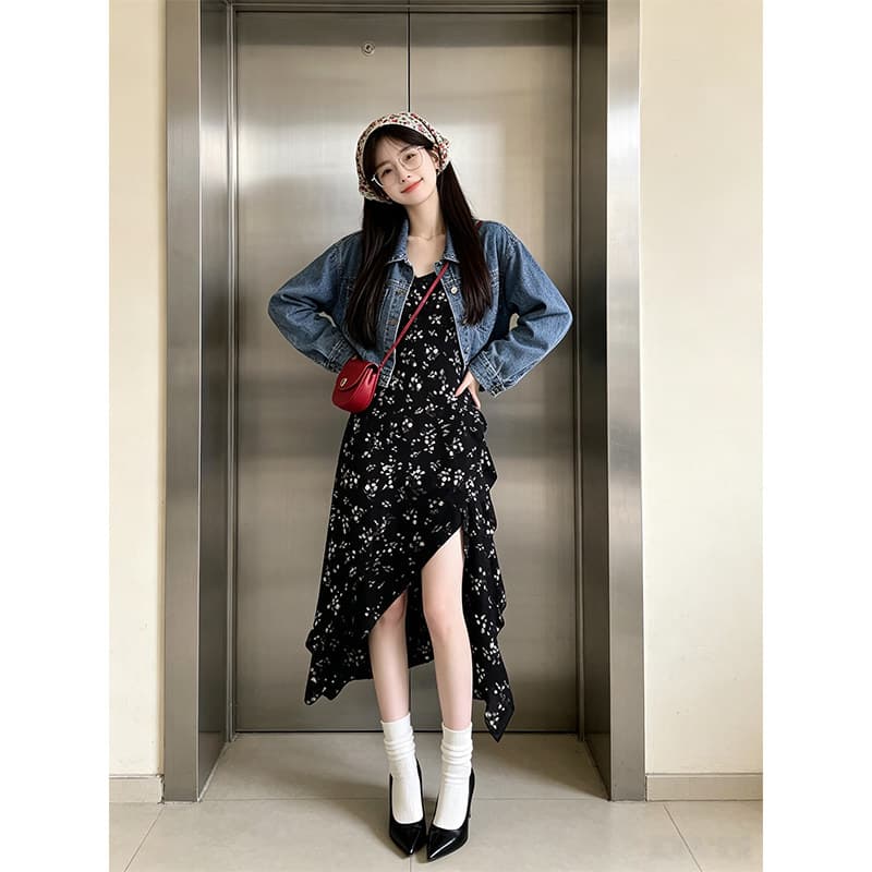 가을 섹션 파란색 긴팔 데님 재킷 짧은 여성 코트 일상 출퇴근 꽃무늬 점프 슈트 치마 세트 맨위 여성 의류 상세 이미지 1