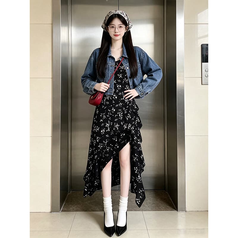가을 섹션 파란색 긴팔 데님 재킷 짧은 여성 코트 일상 출퇴근 꽃무늬 점프 슈트 치마 세트 맨위 여성 의류 상세 이미지 2